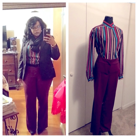 Slack Pants, Burgundy.    Multi-Color  Strip Shirt/Blouse - Picture 1 of 1